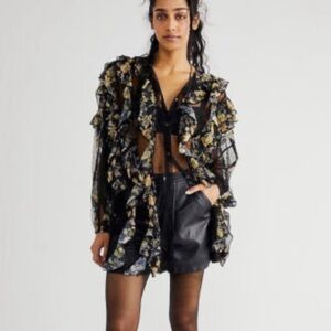 Free People Worth It Tunic Top Sheer Lace Ruffle Accent Button Down Size XS